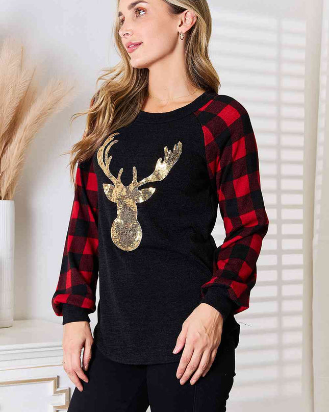 Heimish Full Size Sequin Reindeer Graphic Plaid Top