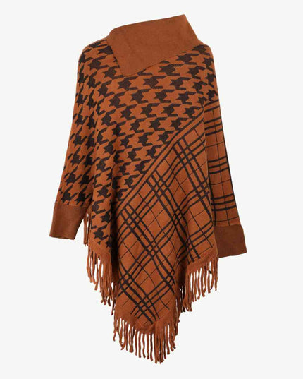 Houndstooth Turtleneck Fringe Hem Poncho