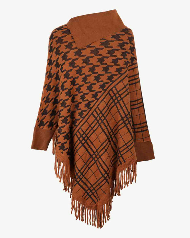 Houndstooth Turtleneck Fringe Hem Poncho
