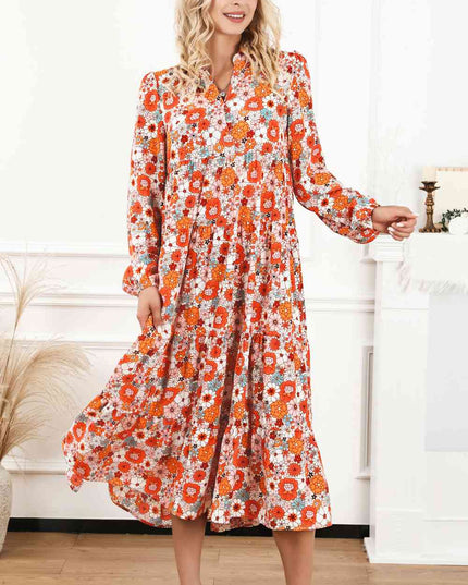 Floral Notched Neck Long Sleeve Dress