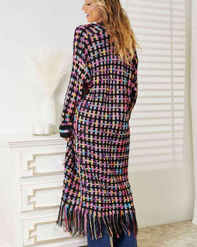 Double Take Full Size Multicolored Open Front Fringe Hem Cardigan
