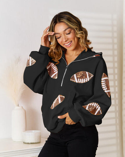 Sequin Football Patch Half-Zip Hoodie