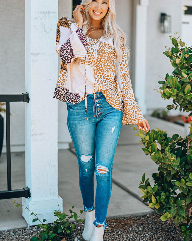 Leopard Patchwork Tied Flare Sleeve Blouse
