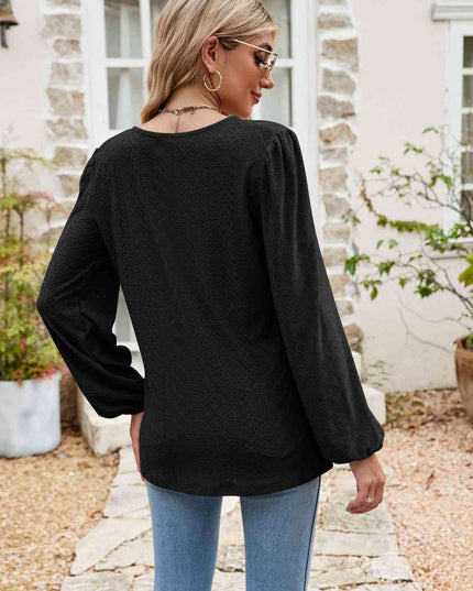 Eyelet Notched Neck Balloon Sleeve Blouse