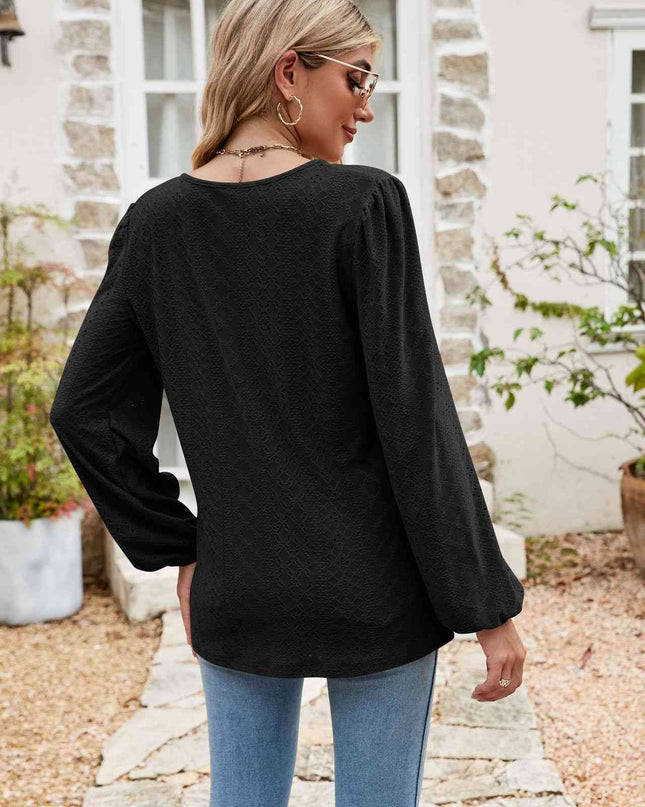 Eyelet Notched Neck Balloon Sleeve Blouse