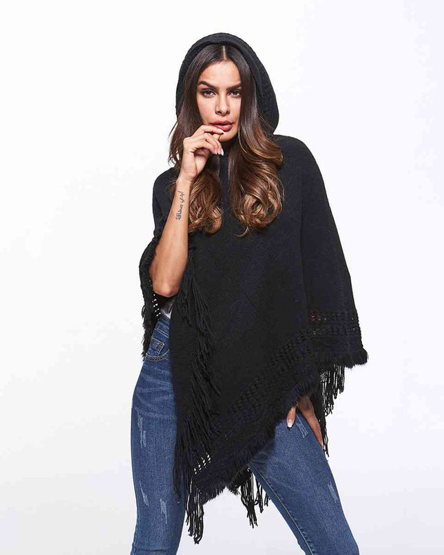 Openwork Fringe Hem Hooded Poncho