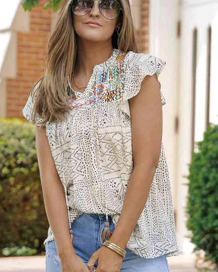 Embroidered Printed Flutter Sleeve Blouse