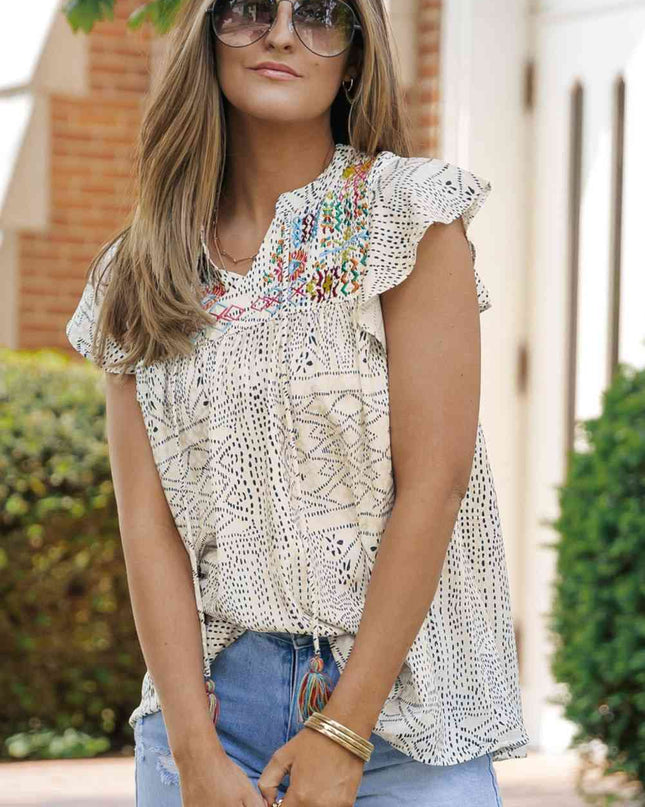 Embroidered Printed Flutter Sleeve Blouse