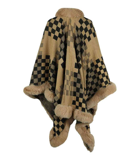 Checkered Faux Fur Trim Poncho