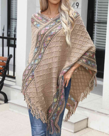Contrast V-Neck Poncho with Fringes