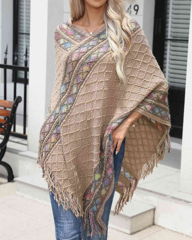 Contrast V-Neck Poncho with Fringes