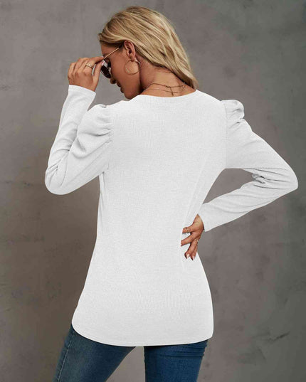 Waffle-Knit Puff Sleeve Round Neck Top