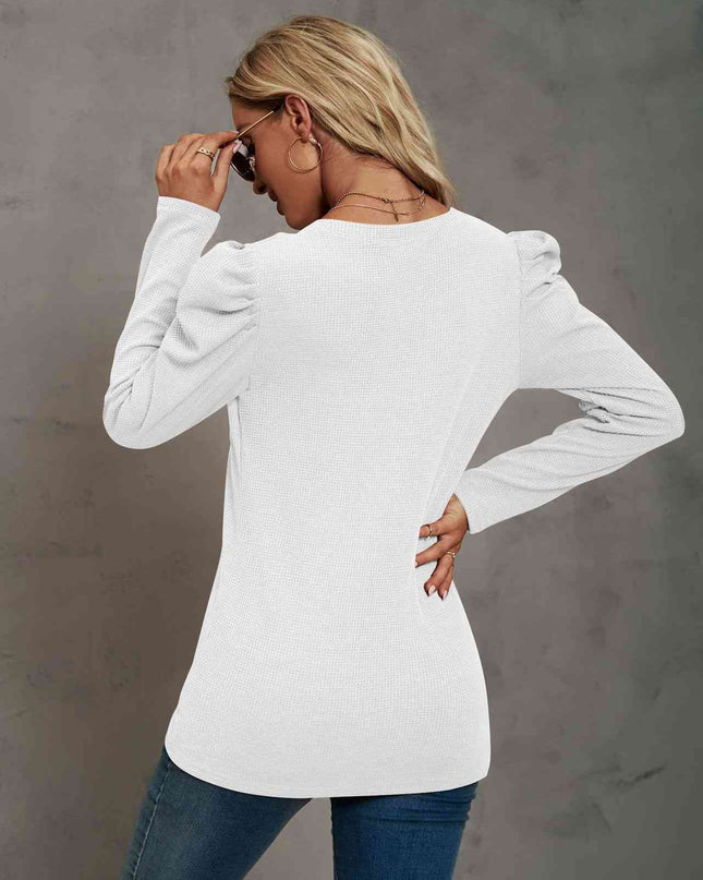 Waffle-Knit Puff Sleeve Round Neck Top