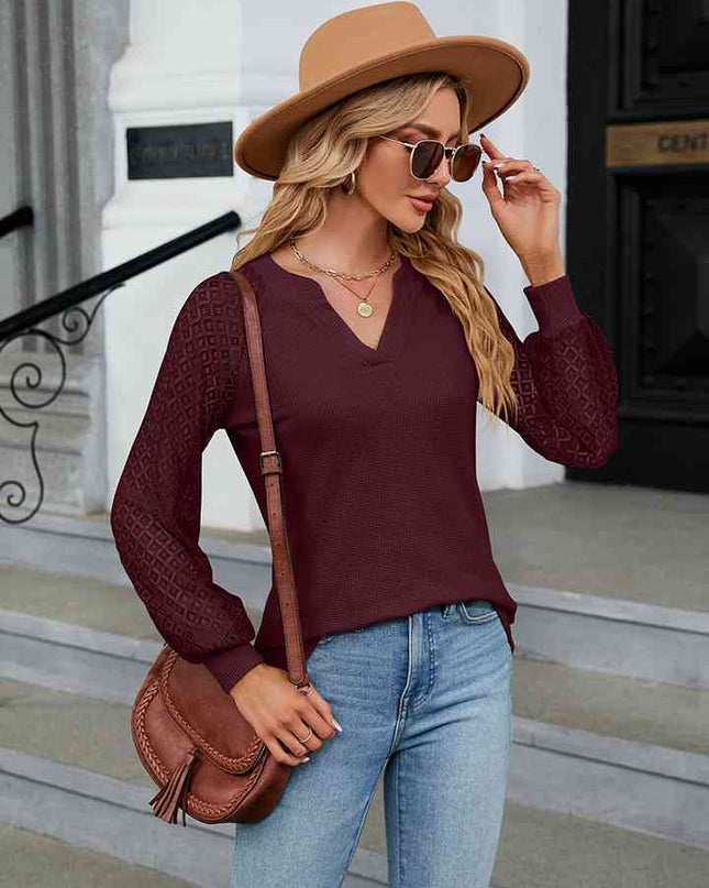 Notched Neck Raglan Sleeve Blouse