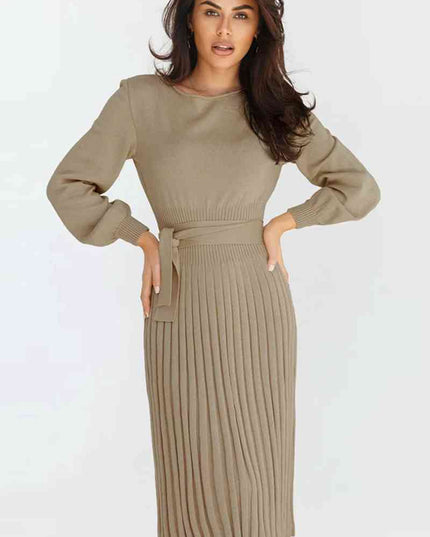 Round Neck Long Sleeve Pleated Sweater Dress