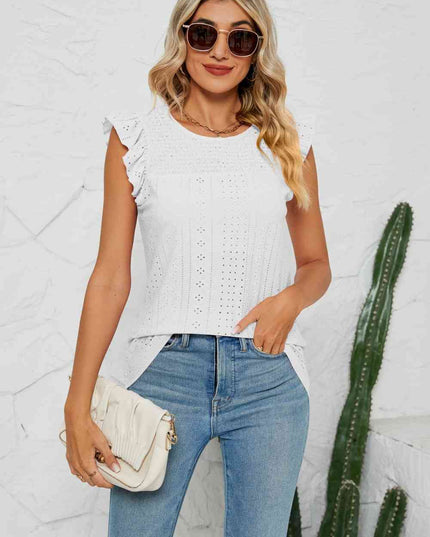 Smocked Round Neck Eyelet Top