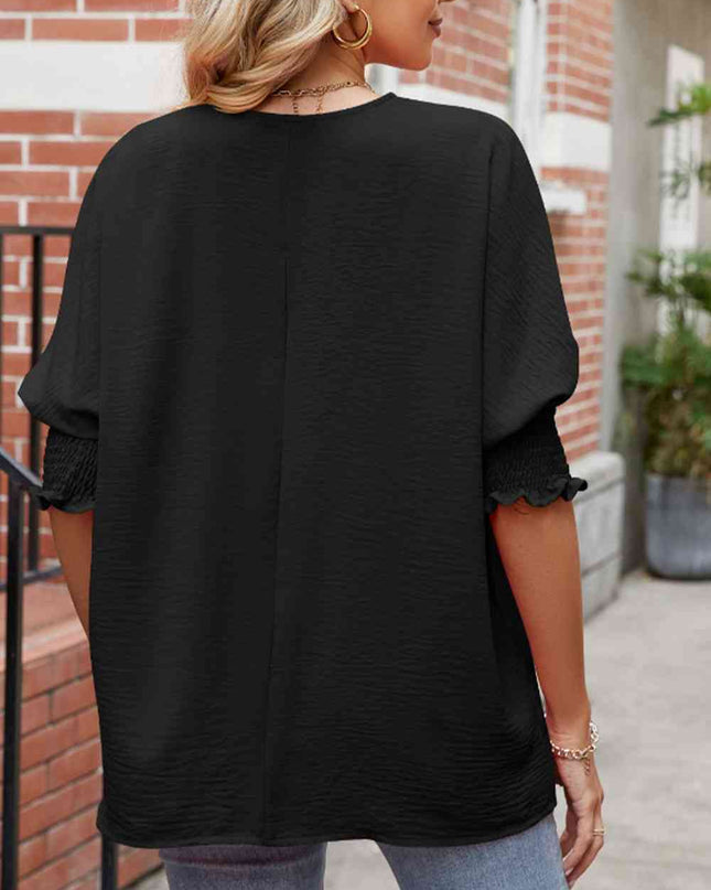 Round Neck Smocked Lantern Sleeve Blouse