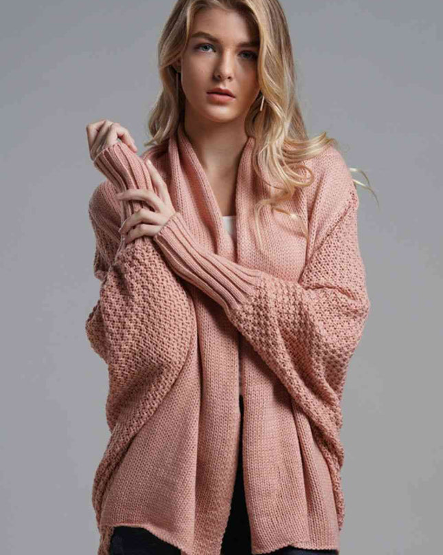 Double Take Dolman Sleeve Open Front Ribbed Trim Longline Cardigan