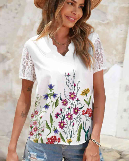 Floral Graphic Scalloped V-Neck Top