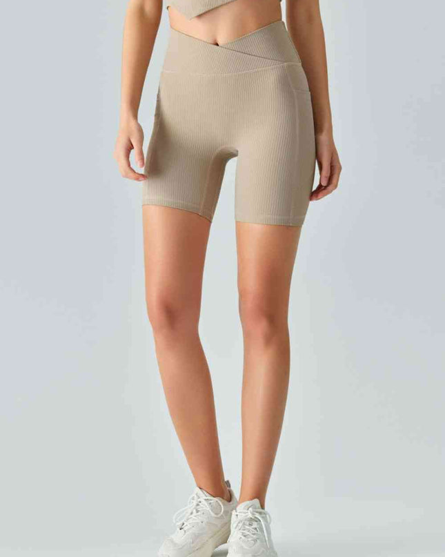V-Waist Ribbed Sports Biker Shorts with Pockets
