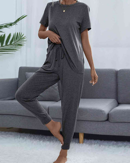 Round Neck Short Sleeve Top and Pants Set