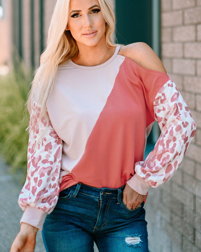 Leopard Color Block Cold-Shoulder Top