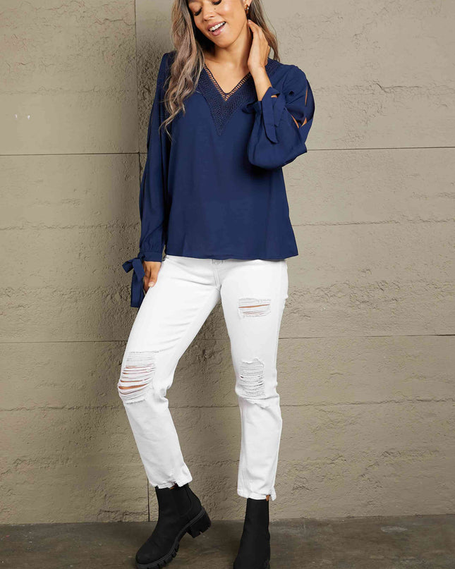 Double Take V-Neck Tie Cuff Slit Blouse