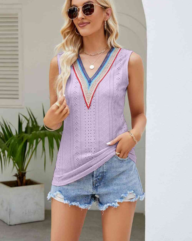 Contrast V-Neck Eyelet Tank