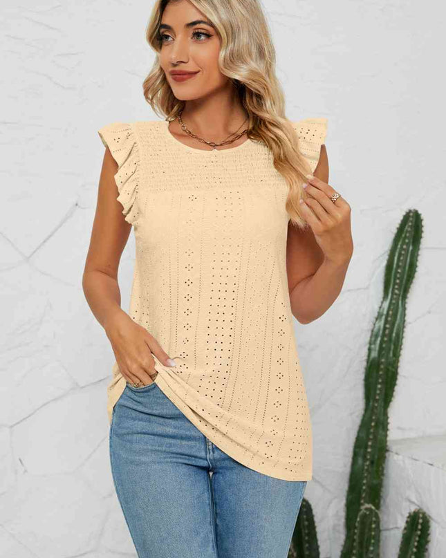 Smocked Round Neck Eyelet Top