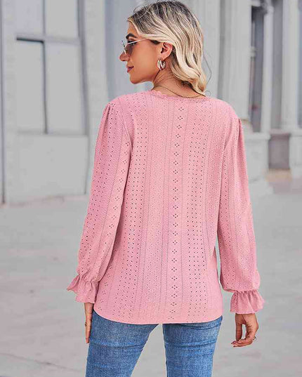 Eyelet V-Neck Flounce Sleeve Blouse