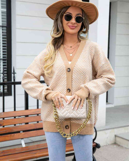 Striped V-Neck Dropped Shoulder Button-Up Cardigan