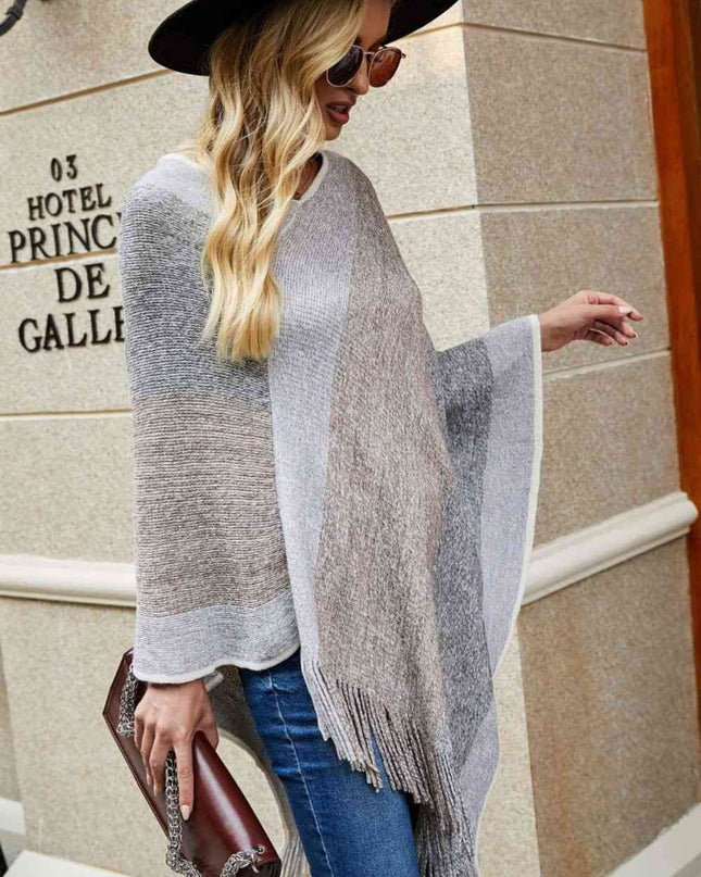 Color Block Fringe Hem Poncho