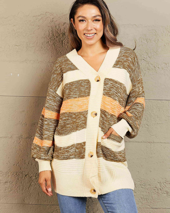Woven Right Striped Button Down Longline Cardigan with Pockets