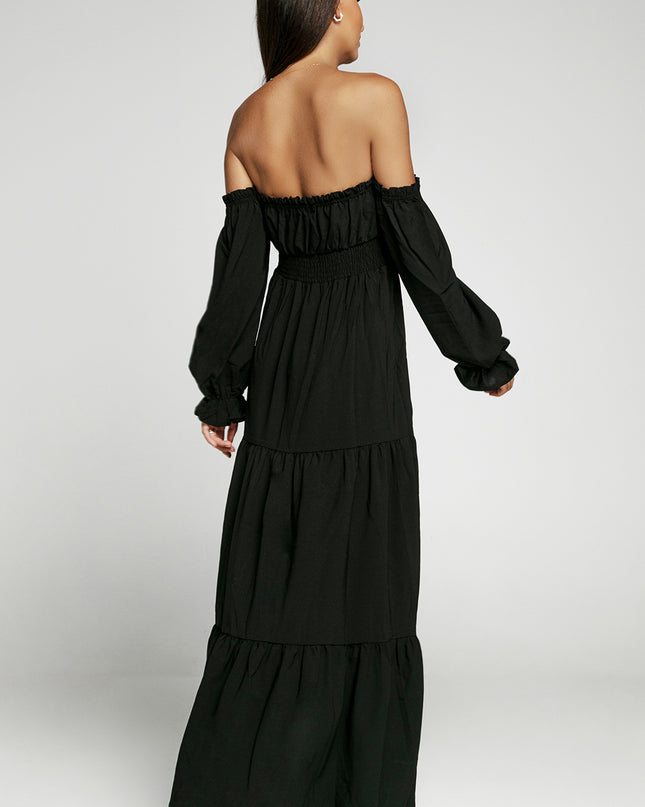 Off-Shoulder Smocked Split Tiered Maxi Dress