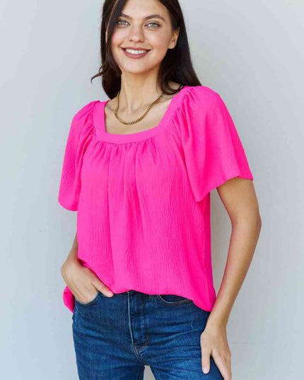 Ninexis Keep Me Close Square Neck Short Sleeve Blouse in Fuchsia