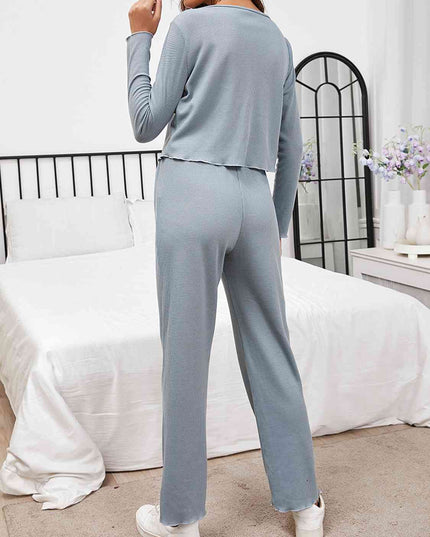Button Front Long Sleeve Top and Pants Lounge Set