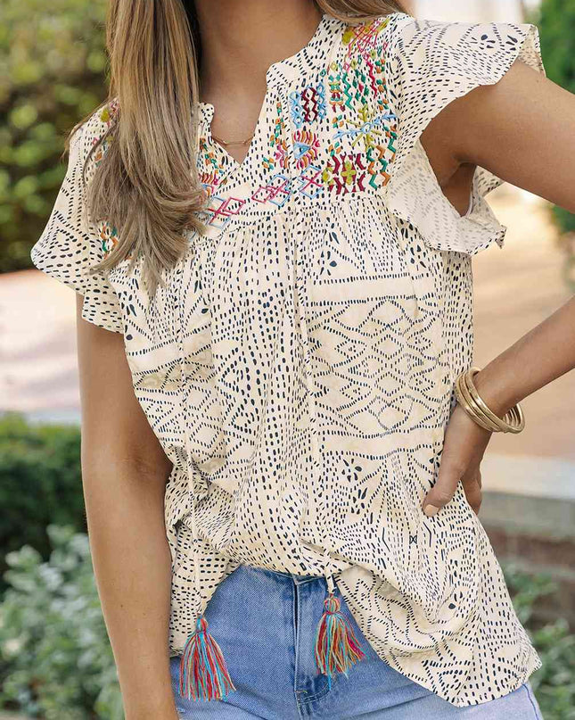 Embroidered Printed Flutter Sleeve Blouse