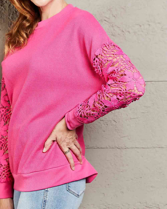 Double Take Dropped Shoulder Openwork Round Neck Sweatshirt