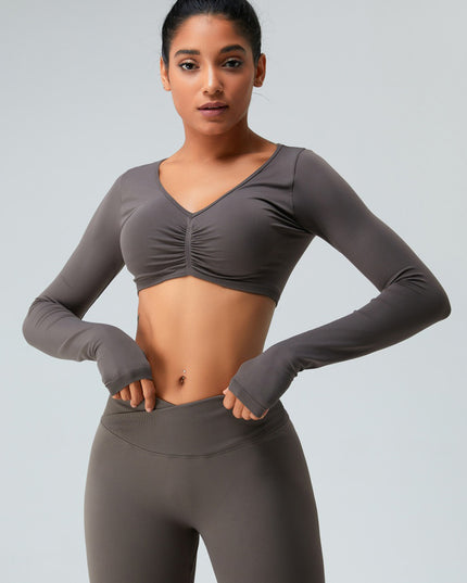 Ruched V-Neck Long Sleeve Active T-Shirt