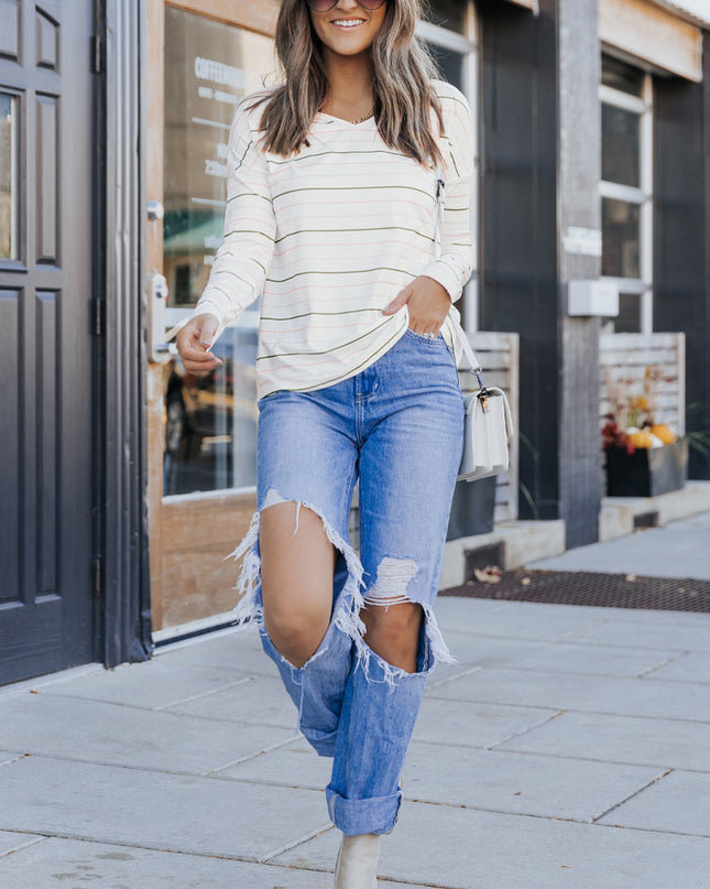 Striped Dropped Shoulder V-Neck Top