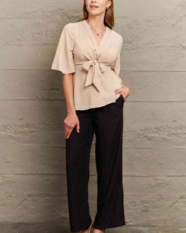 V-Neck Tie Front Half Sleeve Blouse