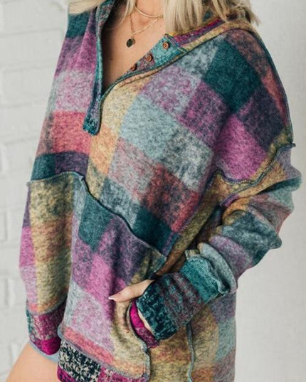 Multicolor Brushed Plaid Buttoned Pullover Oversized Hoodie