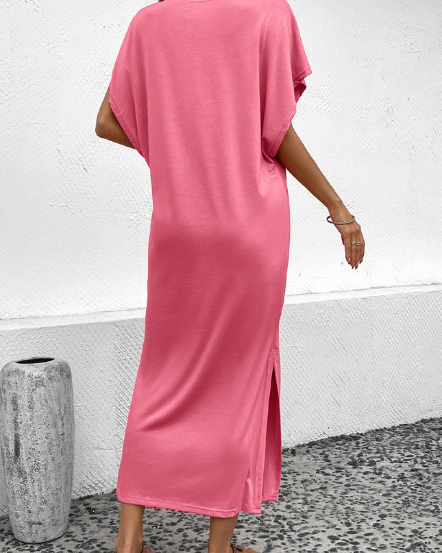Round Neck Short Sleeve Side Slit Midi Dress