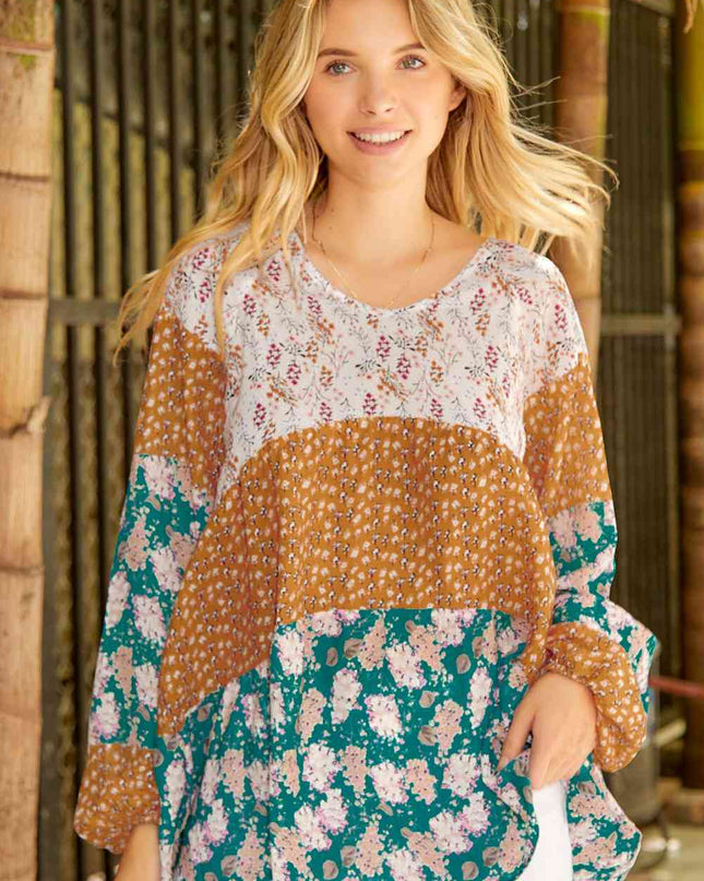 Floral Color Block Balloon Sleeve Blouse