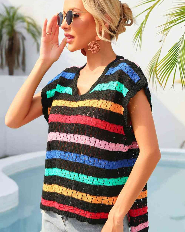 Striped V-Neck Slit Cover Up