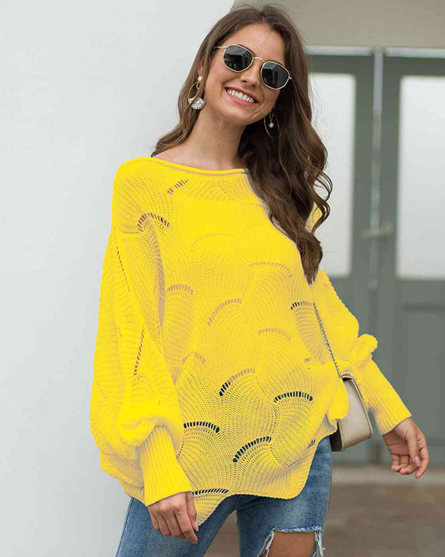 Full Size Boat Neck Lantern Sleeve Openwork Knit Top