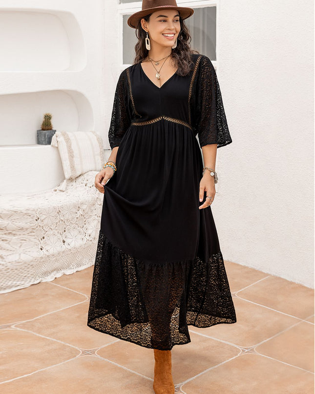 Plus Size V-Neck Half Sleeve Midi Dress