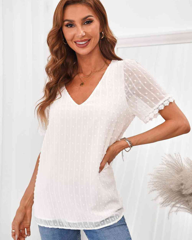 Swiss Dot Lace Trim V-Neck Short Sleeve Blouse