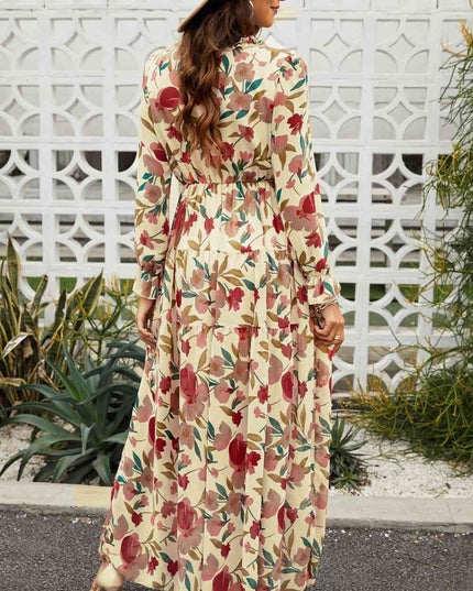Floral Frill Trim Flounce Sleeve Plunge Maxi Dress