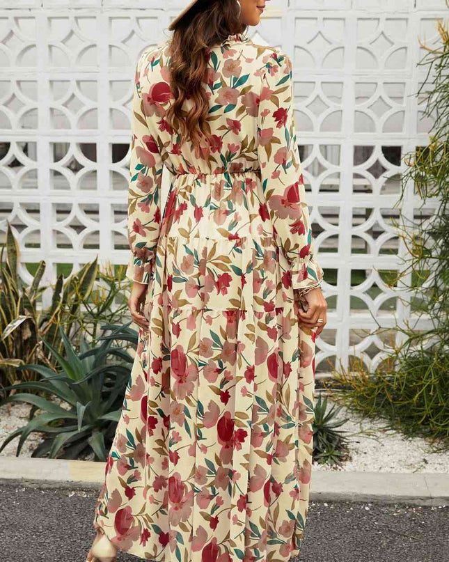 Floral Frill Trim Flounce Sleeve Plunge Maxi Dress